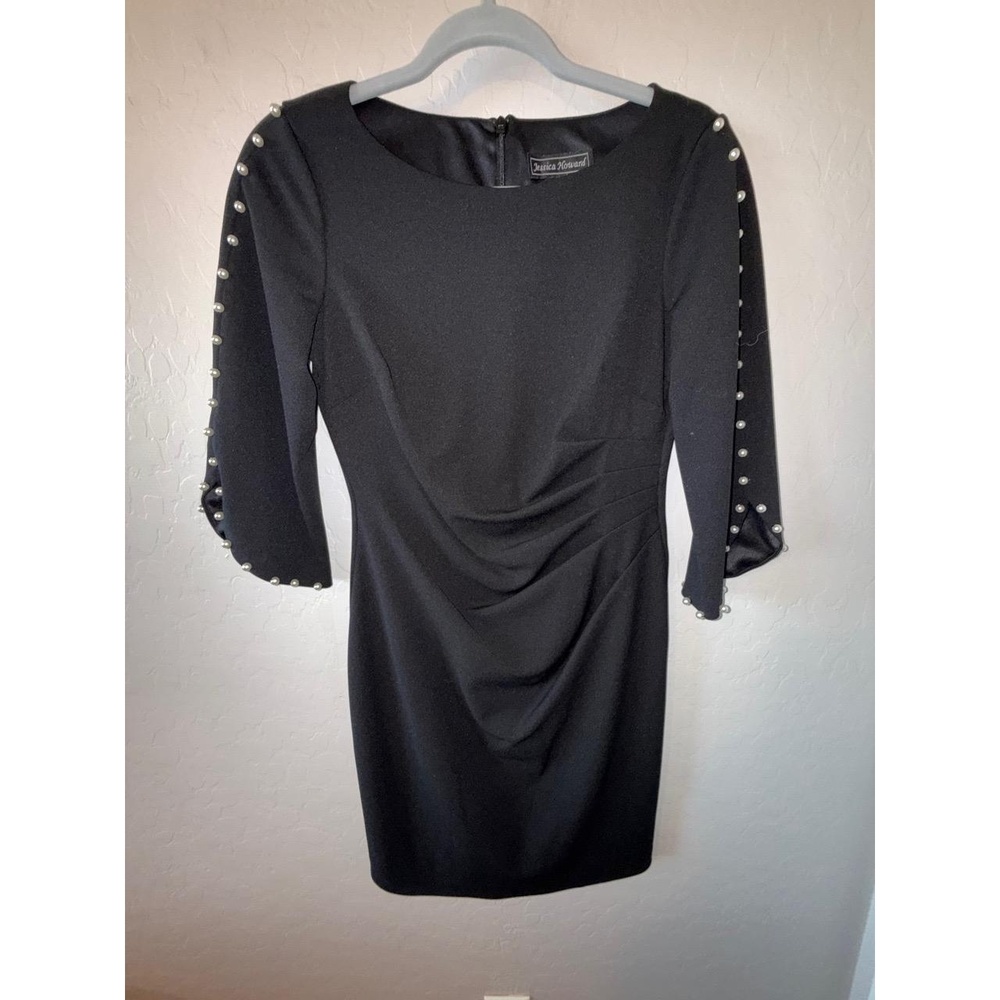 Jessica Howard Dress Womens 4P Black Cocktail Pearl Accents Ruching Chic Evening